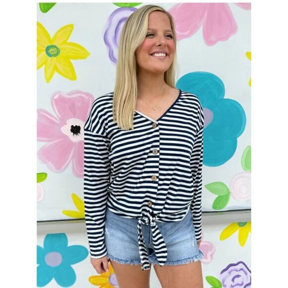 New! Bibi Size Medium Black White Striped V-Neck Top Tie Knot Waist - Picture 1 of 12